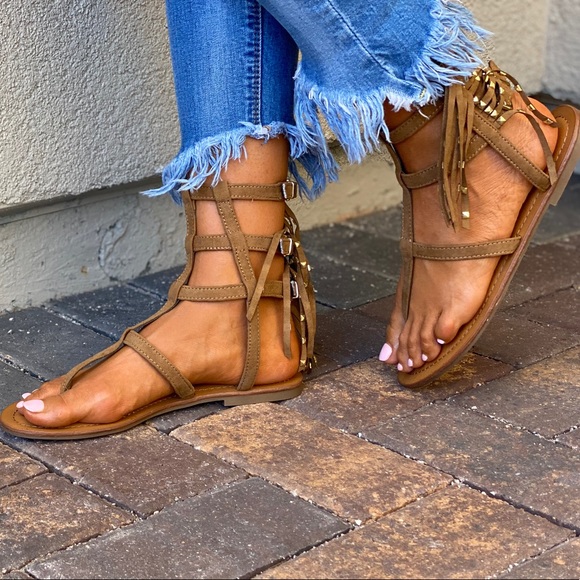 Fringe & Studs Strappy Boho Gladiator Ankle Sandal - Picture 11 of 14